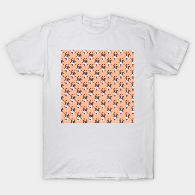 Boston Terrier Dog with Hearts Pattern on a Peach Background T-Shirt by Ali Cat Originals